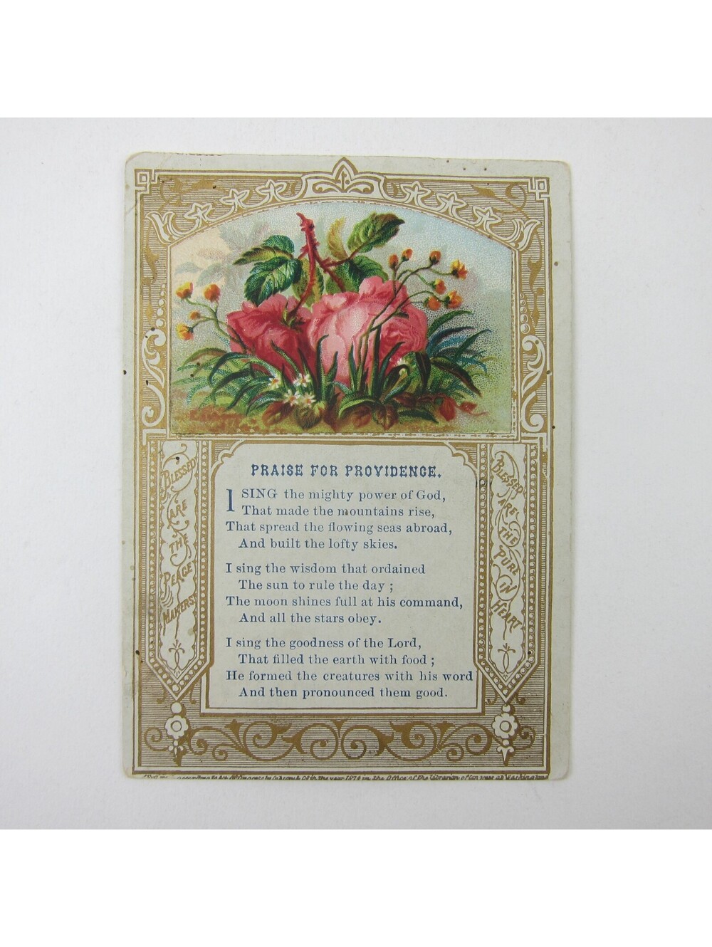 Victorian Prayer Card Praise for Providence Pink & Yellow Flowers Gold Antique